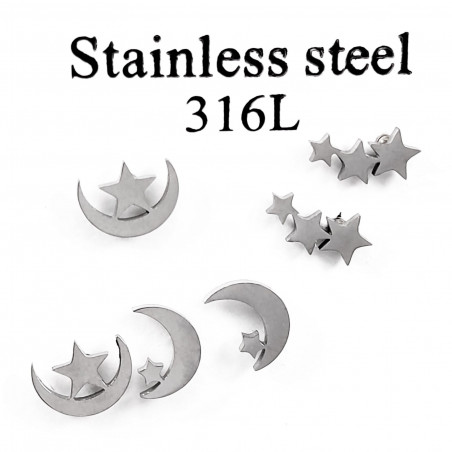 Set 3-Paar Oorbellen Dames - 316L RVS Zilverkleur - Moon and Star Designs Oorknopjes