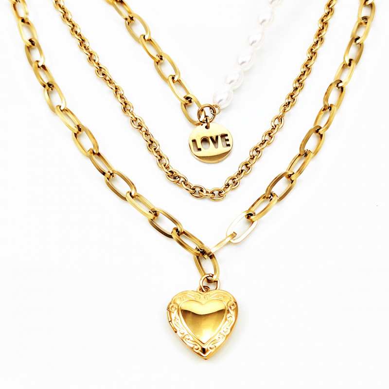 Multilayer Ketting Dames - Goudkleur Roestvrij Staal - 3 Niveaus Ketting met Medaille en Hart Hanger