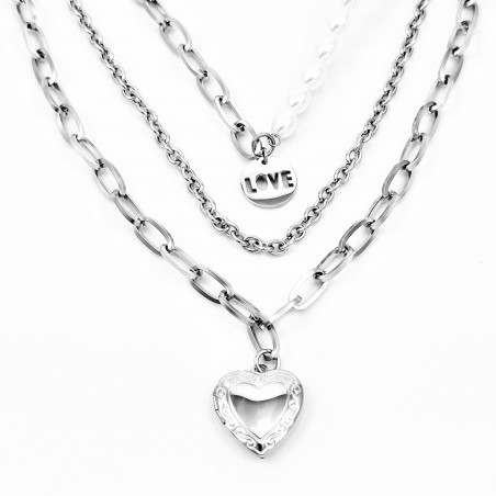 Multilayer Ketting Dames - Zilverkleur Roestvrij Staal - 3 Niveaus Ketting met Medaille en Hart Hanger