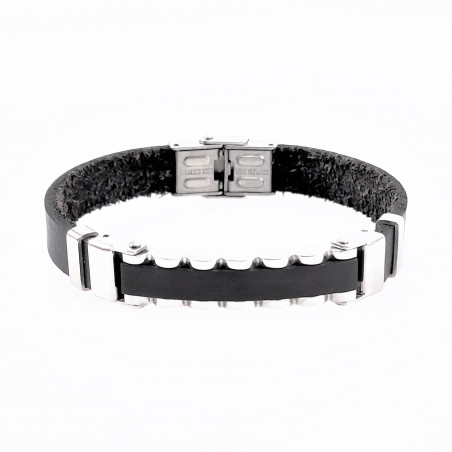 Armband Heren - Ziverkleurig-Zwart Roestvrij Stalen Plaat - Zwart Lederen Armband