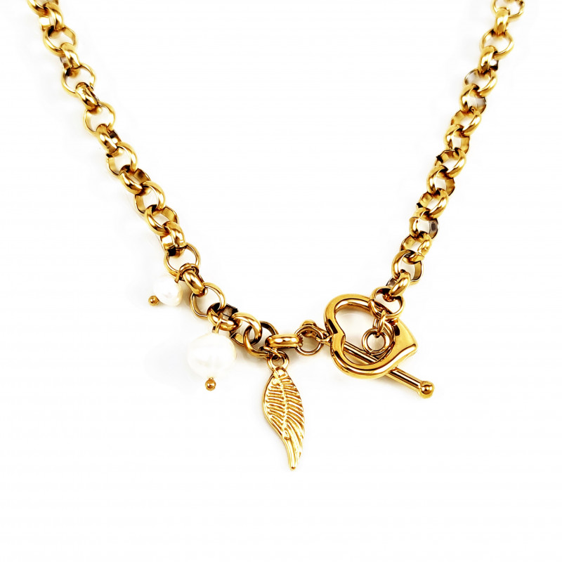 Dottilove Ketting Dames - Geel Gold Plated op RVS - Geforceerde Ketting Hart - Zoetwaterparels