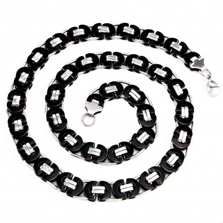 60cm x 11mm Heren Koningsketting - Platte Schakelketting - Zilverkleurige/Zwart-PVD Roestvrij Staal