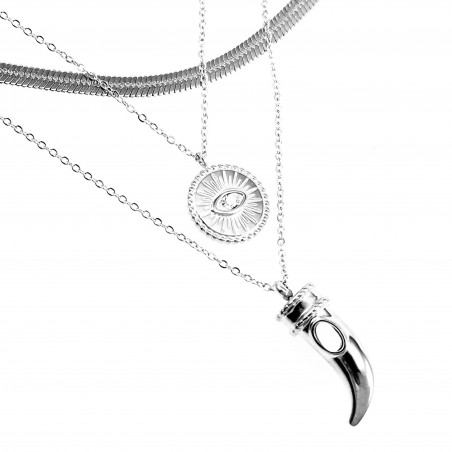 Dottilove Drielaagse Ketting Dames - Wit Gold Plated op RVS - Ketting Turks oog en Hoorn