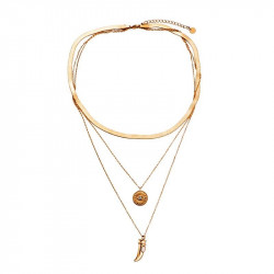 Dottilove Drielaagse Ketting Dames - Geel Gold Plated op RVS - Ketting Turks oog en Hoorn