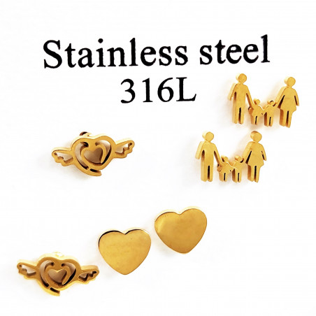Set 3-Paar Oorknopjes Dames - 316L RVS Verguld - Oorbellen Familie en Harten Design