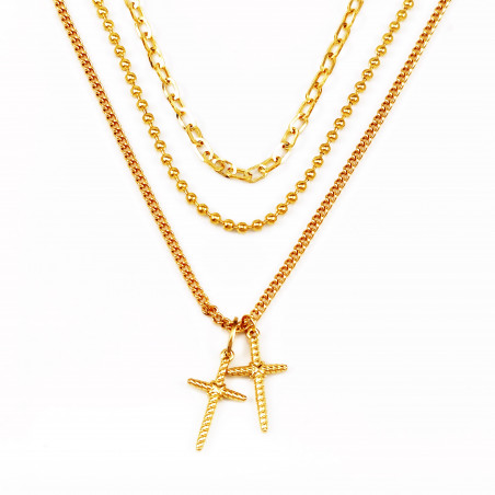 Ketting Set 3-Delige Dames - RVS Verguld - Kabelketting - Kogelketting - Gourmet Schakelketting met Twee Kruisen