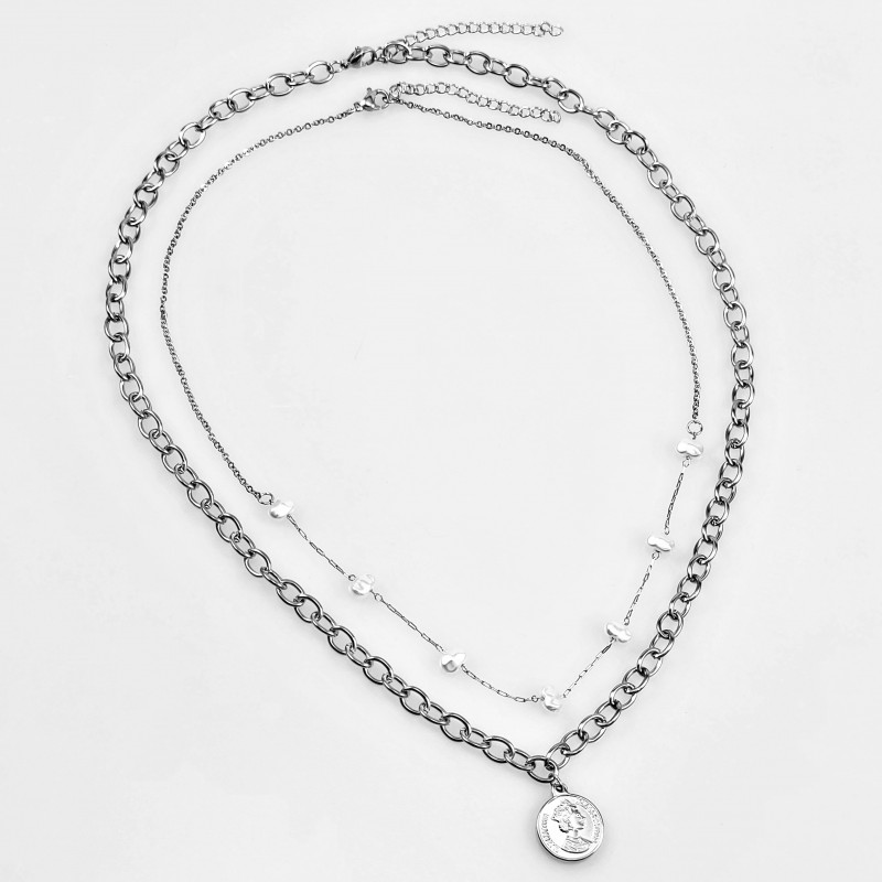 Set van 2 Dames Kettingen - Zilverkleurige RVS - Munthanger Ketting - Parels Ketting Set van 2 Dames Kettingen - Zilverkleurige RVS - Munthanger Ketting - Parels Ketting