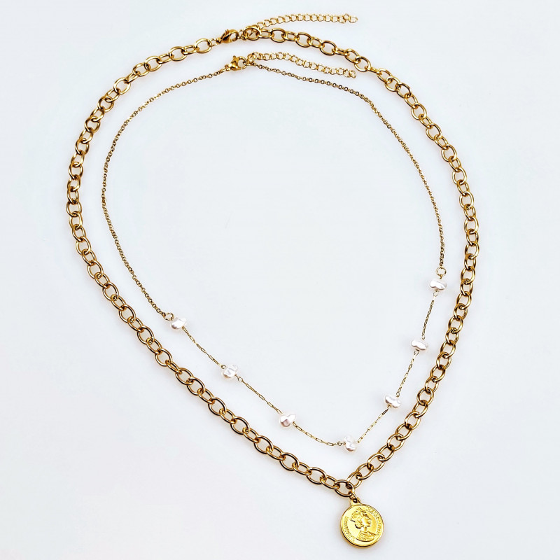 Set van 2 Dames Kettingen - Goudkleurige RVS - Munthanger Ketting - Parels Ketting