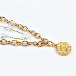 Set van 2 Dames Kettingen - Goudkleurige RVS - Munthanger Ketting - Parels Ketting