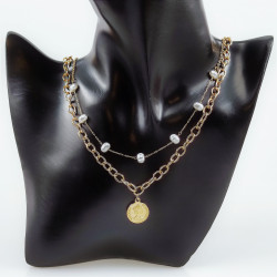 Set van 2 Dames Kettingen - Goudkleurige RVS - Munthanger Ketting - Parels Ketting
