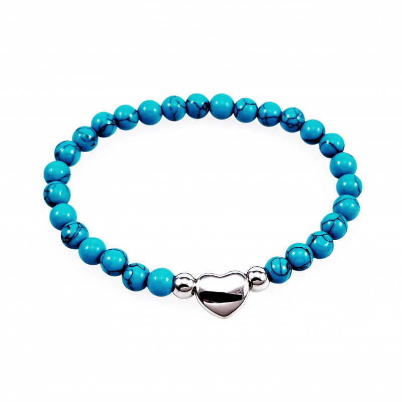 Turkoois Armband Dames - Natuursteen - Elastiche - Kralen Armband met RVS Hart Turkoois Armband Dames - Natuursteen - Elastiche - Kralen Armband met RVS Hart