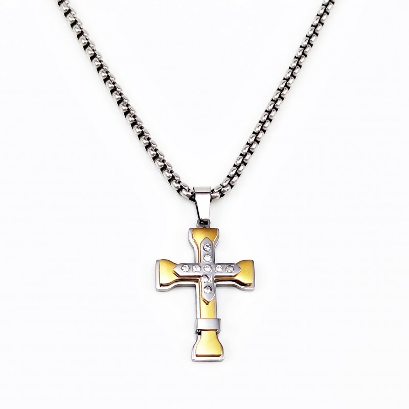 60cm + Religieus Kruis Hanger - Kleur Zilver-Goud - Kruishanger met Strass