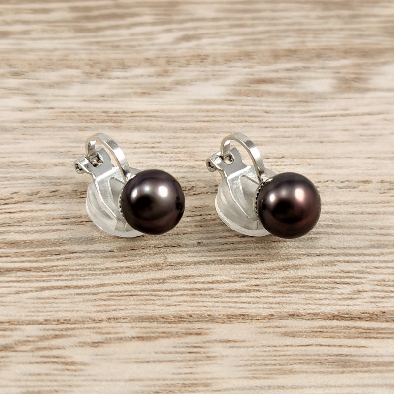 Zwarte Zoetwater Parel Clip-on Oorbellen Dames - 8mm Parel Oorclips
