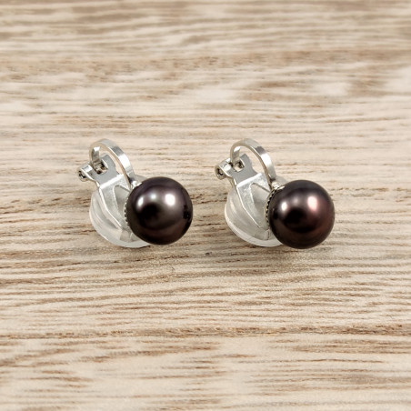 Zwarte Zoetwater Parel Clip-on Oorbellen Dames - 8mm Parel Oorclips