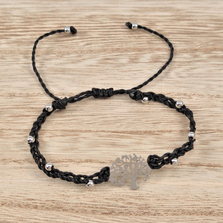 Handgemaakt Zwarte Macramé Armband - RVS Levensboom