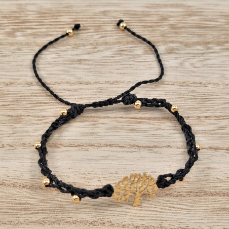 Handgemaakte Zwarte Macramé Armband - RVS Levensboom Goudkleur