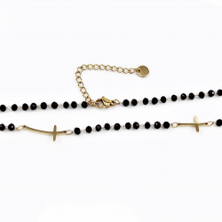 Kristallen Ketting Dames - Verguld RVS Kruisen - Zwarte Choker