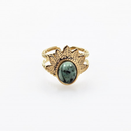 Dottilove - Dames Gevederde Steen Ring - RVS Geel Gold Plated - Ring met Groene Steen