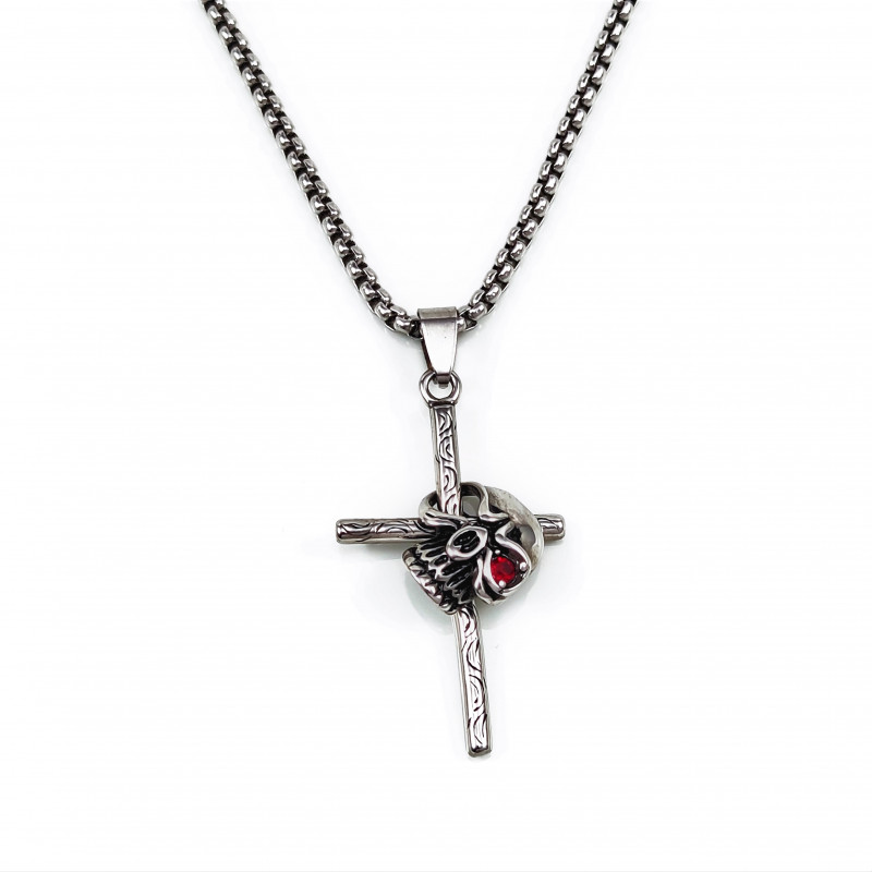 60cm x 3mm Jasseron Ketting + Kruishanger Doodshoofd Dames - RVS - Gotische Sieraad - Skull met Kruis