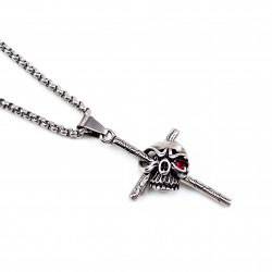 60cm x 3mm Jasseron Ketting + Kruishanger Doodshoofd Dames Heren - RVS - Gotische Sieraad - Skull met Kruis Hanger