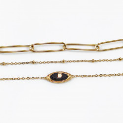 Dottilove Dames Armband 3 Lagen - Zwarte Natuursteen - RVS Geel Gold Plated - Schakelsarmband