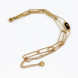 Dottilove Dames Armband 3 Lagen - Zwarte Natuursteen - RVS Geel Gold Plated - Schakelsarmband