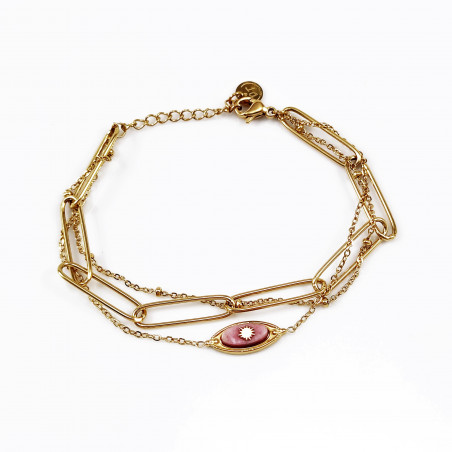 Dottilove Dames Armband 3 Lagen - Roze Natuursteen - RVS Geel Gold Plated - Schakelsarmband