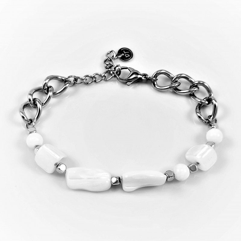 Dottilove Witte Natuursteen Armband Dames - RVS Wit Gold Plated - Schakelsarmband Dottilove Witte Natuursteen Armband Dames - RVS Wit Gold Plated - Schakelsarmband