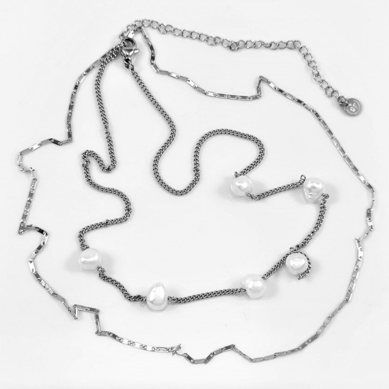 Dubbel Ketting met Zoetwaterparels Dames - RVS Plated - Dottillove Dubbel Ketting met Zoetwaterparels Dames - RVS Plated - Dottillove