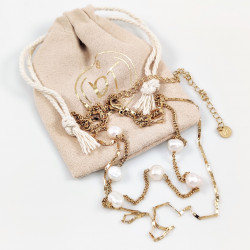 Dubbel Ketting met Zoetwaterparels Dames - RVS Geel Gold Plated - Dottillove