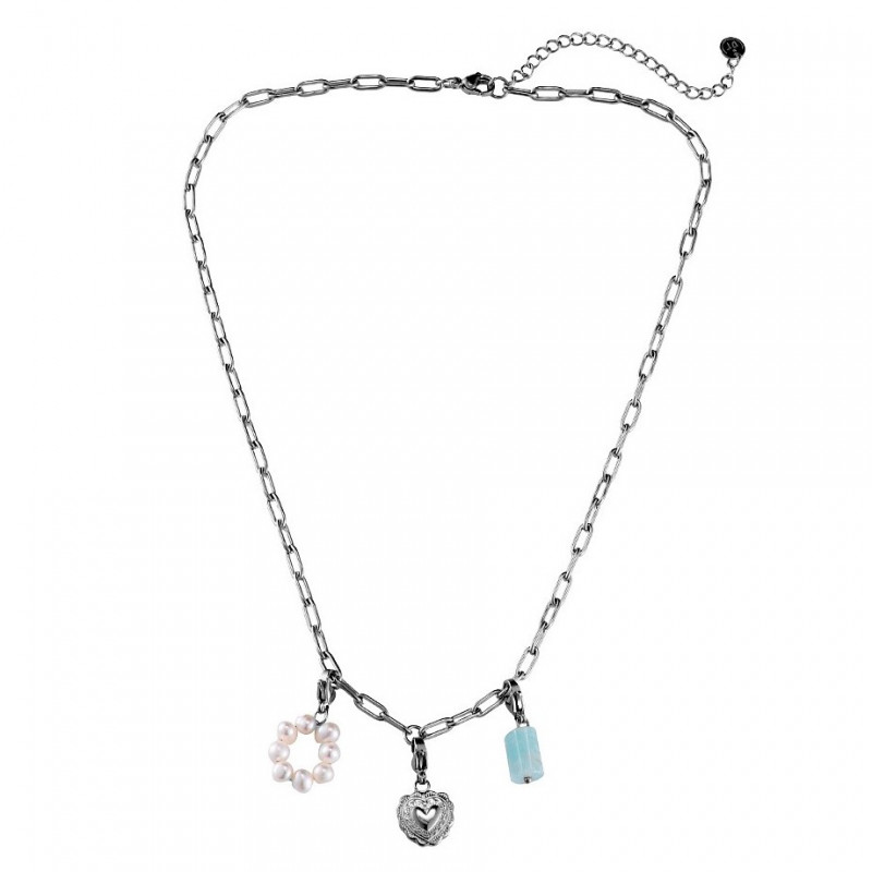 Paperclip Ketting Dames - RVS Wit Gold Plated - Dottillove Schakelketting - Natuursteen - Zoetwaterparels - Hart Hanger