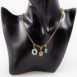 Paperclip Ketting Dames - RVS Geel Gold Plated - Dottillove Schakelketting - Natuursteen - Zoetwaterparels - Hart Hanger