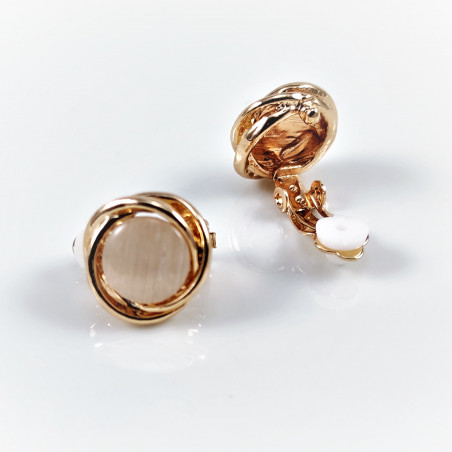 Roségoudkleurig Clip-on Oorbellen met Beige Cabochon - 15mm Ronde Oorclips Dames