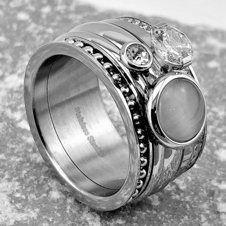 XXL Ring Dames - Zirkonia - Grijze Kattenoogsteen - Stalen Zilver Kleur