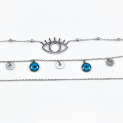 3 Lagen Ketting Dames - RVS Zilverkleur - Multilager Collier -Halskettingen met Turks Oog