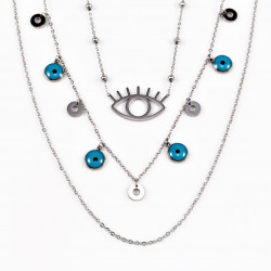 3 Lagen Ketting Dames - RVS Zilverkleur - Multilager Collier -Halskettingen met Turks Oog