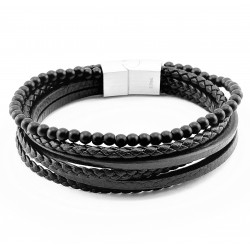 Leren en Onyx Steen Armband Stijl 6-in-1 Zwart
