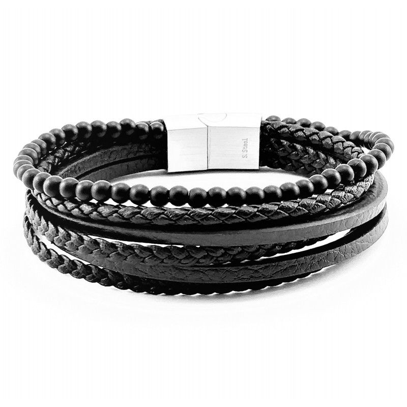 Leren en Onyx Steen Armband Stijl 6-in-1 Zwart