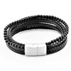 Leren en Onyx Steen Armband Stijl 6-in-1 Zwart