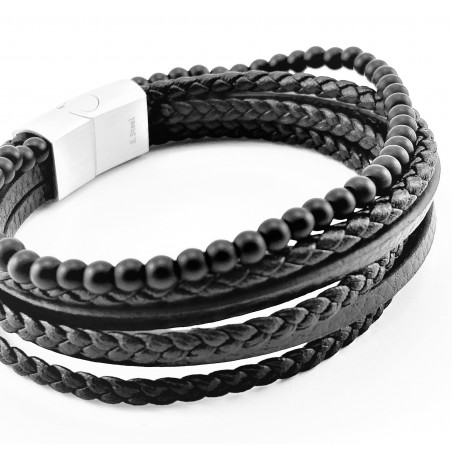 Leren en Onyx Steen Armband Stijl 6-in-1 Zwart