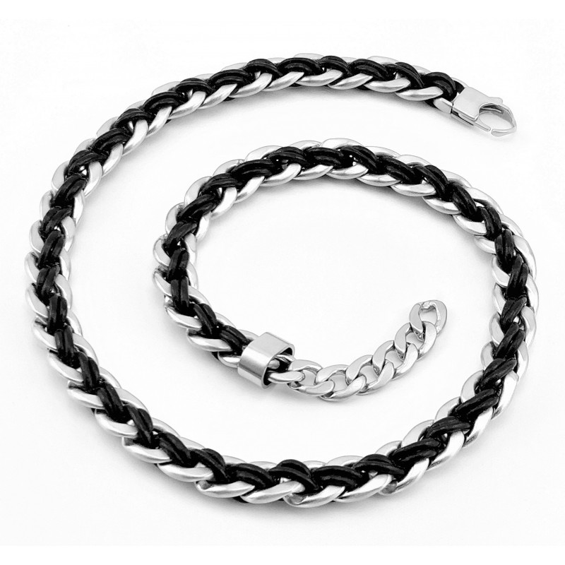 Gourmet Ketting Heren - Stalen Mat Zilver Kleur - SchakelKetting met Leer