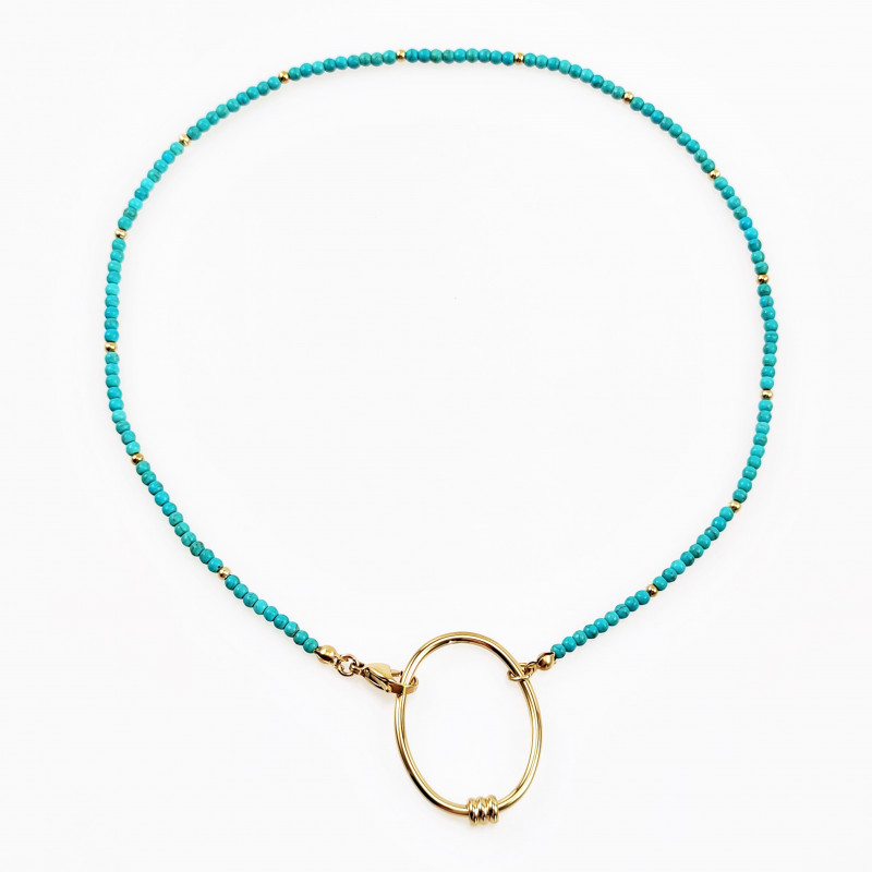 45cm x 3mm Kralen Ketting Dames - Stalen Goud Kleur - Turquoise Natuursteen - Choker