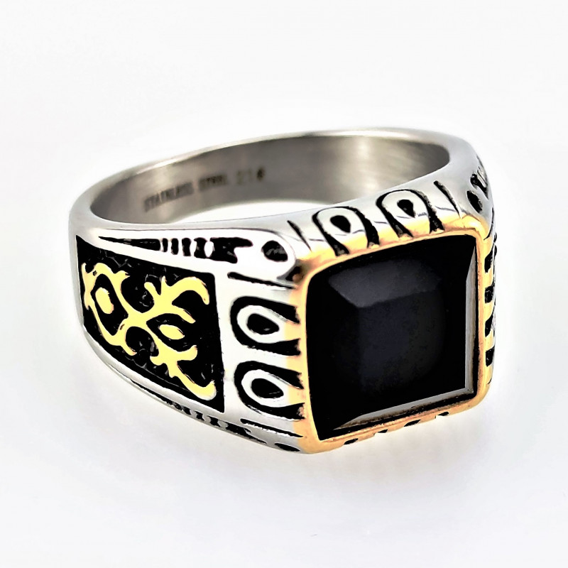 Zegelring Heren Stalen Goud/Zilver Kleur Ring met Zwarte Onyx Steen Zegelring Heren Stalen Goud/Zilver Kleur Ring met Zwarte Onyx Steen