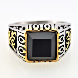 Zegelring Heren Stalen Goud/Zilver Kleur Ring met Zwarte Onyx Steen