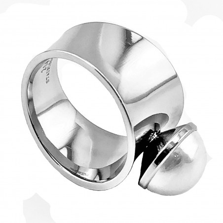 Brede Ring met Parel - Stalen Zilver Kleur - Ring Dames