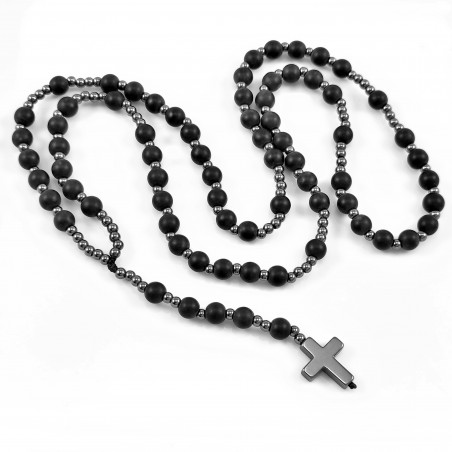 Rozenkrans Heren Ketting Matte Onyx Hematiet Kralen Ketting met Kruis