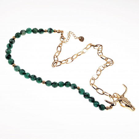 Ketting Buffelkop Hanger Stalen Goud Kleur Schakelketting Natuursteen