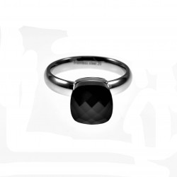 Solitaire Ring met Zwarte Kristal - Roestvrij Stalen Zilver Kleur - Dames Ring