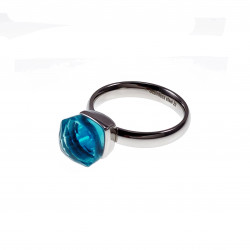 Solitaire Ring met Aqua/Blauw Kristal - Roestvrij Stalen Zilver Kleur - Dames Ring