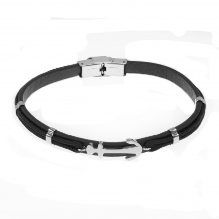 Zwarte Armband Heren met Anker Leren RVS Zilver Kleur